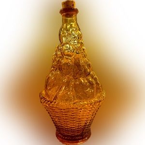 VINTAGE MCM ITALIAN AMBER GLASS DECANTER BOTTLE GRAPES CORK MADE IN ITALY 1960s